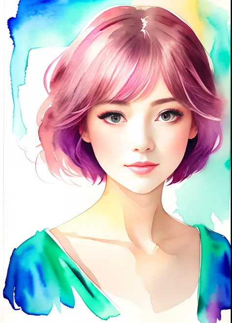 Watercolor style、Portrait of a woman、Bright design、PastelColors、Ink Drop、pink there、Viola