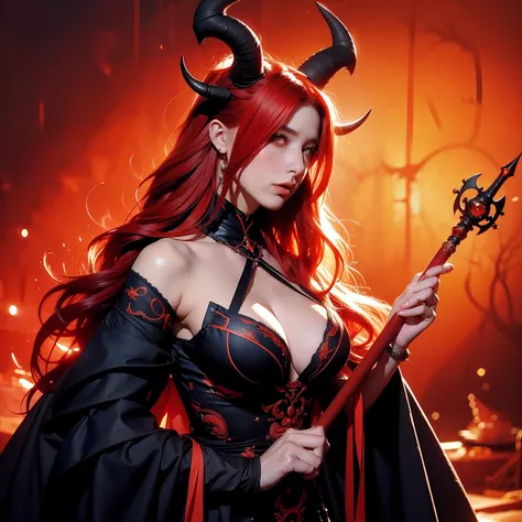 Dragon woman, black horns, red hair, medieval background, orange eyes, pair of black horns, one woman, horns, holding a wand in one hand, horns, combat