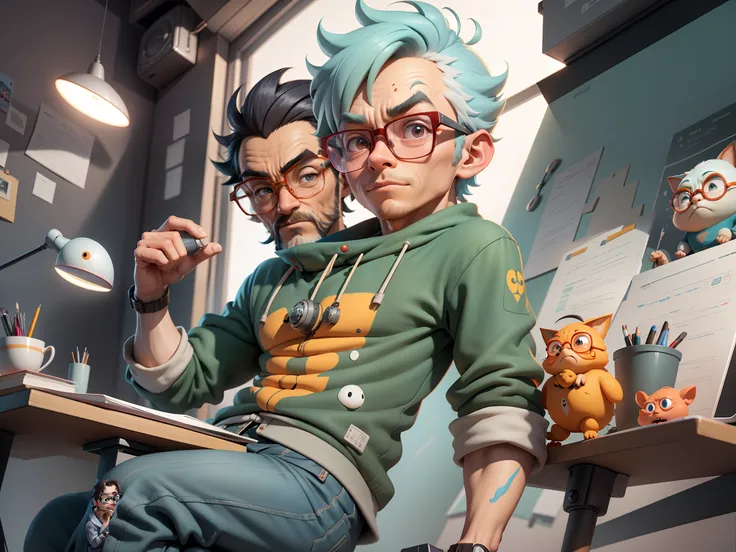 A young man with glasses sits at his desk，holding laptop，digitial painting，3D character design by Mark Clairen and Pixar and Hayao Miyazaki and Akira Toriyama，4K HD illustration，Very detailed facial features and cartoon-style visuals。