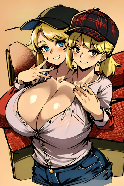 2heads, a short fat woman with 2 heads. She has enormous breasts. She is wearing a red plaid flannel shirt and jeans. She is wearing a truckers hat. She is in a big truck. She has blonde hair in a ponytail. She has gigantic breasts. She is blushing. She is...