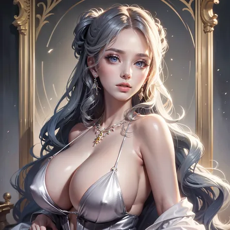 （light make-up）Peerless beauty，long  white hair，Metallic dress，blingbling，Sparkling，dream magical，Gorgeous dress，A meticulous depiction of the facial features，Authentic texture，Gorgeous background,  huge tit, ((cleavage)), ((huge tit)), Gorgeous background...