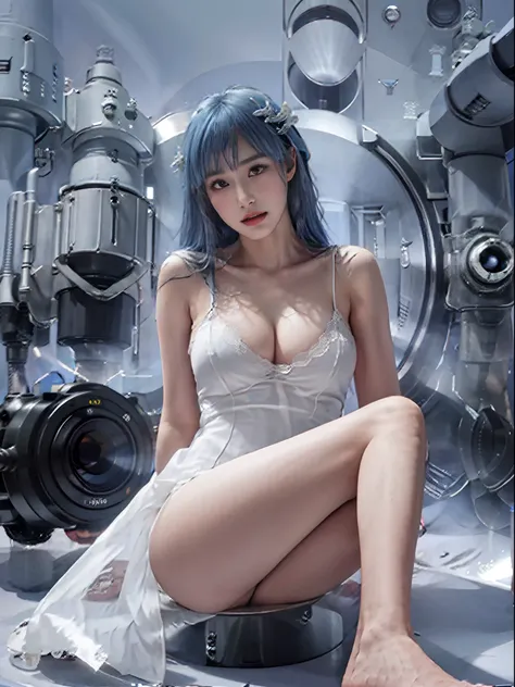 （Enrich the picture，Masterpiece level quality）Beautiful 8K CG artwork，Goddess-like posture，Sitting in the cabin of an airplane，Postural exercises，Slim and soft，Translucent skin，Aqua blue hair、The beauty of extra-long hair, Super Long Straight Hair，The skin...