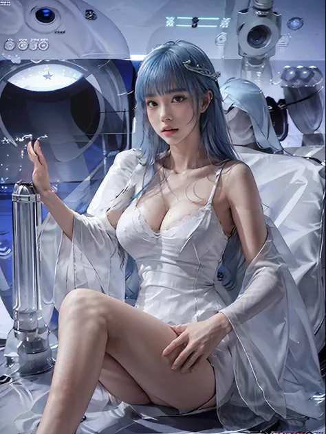 （Enrich the picture，Masterpiece level quality）Beautiful 8K CG artwork，Goddess-like posture，Sitting in the cabin of an airplane，Postural exercises，Slim and soft，Translucent skin，Aqua blue hair、The beauty of extra-long hair, Super Long Straight Hair，The skin...