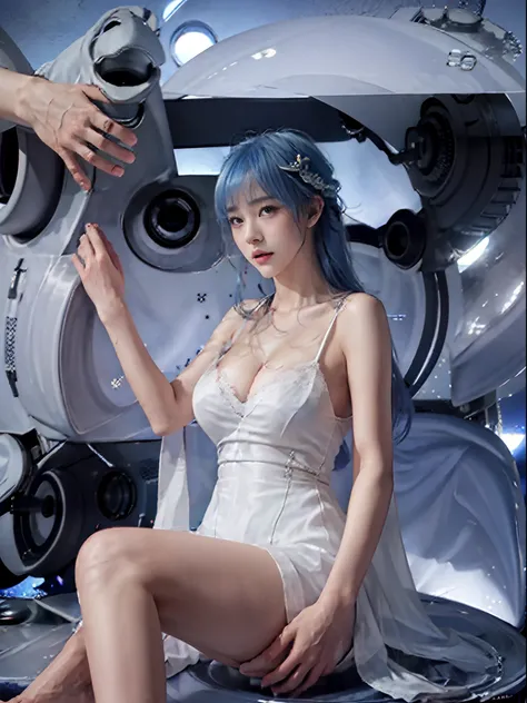 （Enrich the picture，Masterpiece level quality）Beautiful 8K CG artwork，Goddess-like posture，Sitting in the cabin of an airplane，Postural exercises，Slim and soft，Translucent skin，Aqua blue hair、The beauty of extra-long hair, Super Long Straight Hair，The skin...