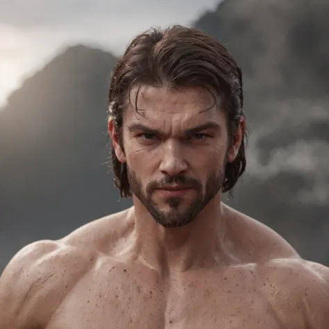 (Professional 3D rendering:1.3) de (Realistic:1.3) Foto de arte mais bonita do mundo，Features soft, bright male heroes, ((Epic hero fantasy rough muscular man wet hero angry look long hair short beard and fierce expression in dynamic pose, fantastic locati...