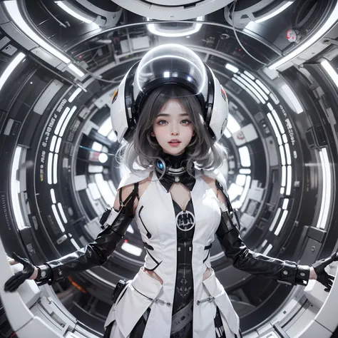 Seductive woman raising hands and shouting　Perfect beauty　beautidful eyes　Beautiful white skin　Look at viewers　Lustrous lips　Joyful smile　White ugly hair　is standing　Sensual Lolita costume with a futuristic body designed in black and white　Stimulating　Futu...