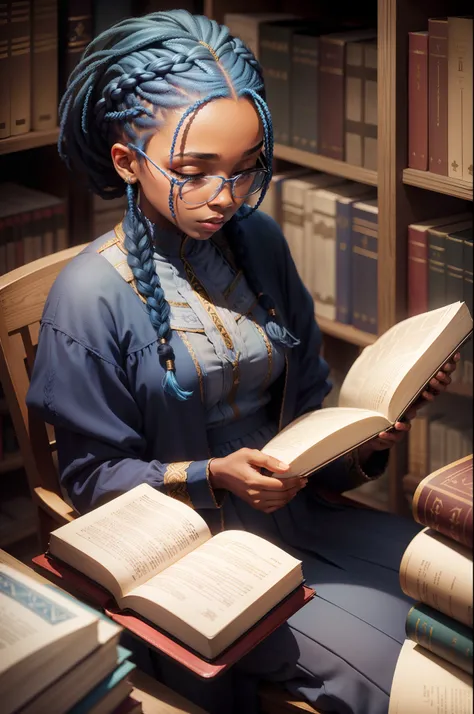 African American woman with blue braids reading The Bible.