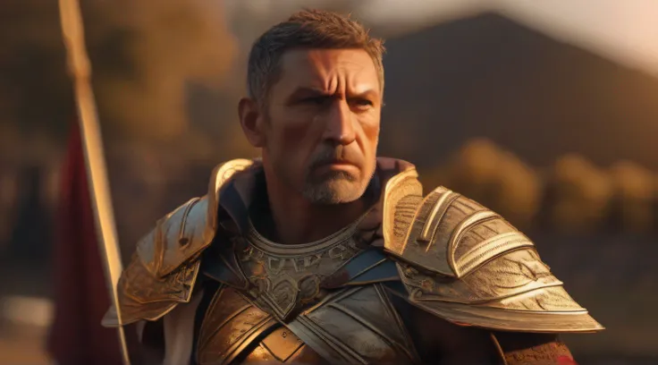 a stoic warrior with a calm but powerful countenance. cinematic, golden hour, backlit, 8k, hyperrealistic, super detailed