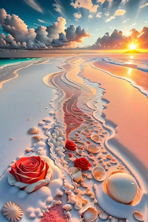 delicate scene,depth of field, 8K, The ivory sky,white clouds,and sunlight shine on the snow-white beach. The coral sea,and many colorful tinny shells on the beach,red roses, roses focus,