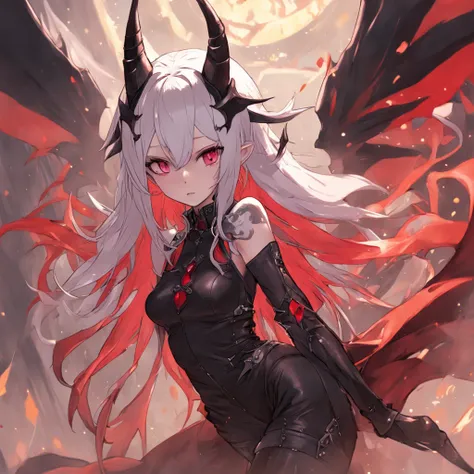 one woman, White skin, long white hair, one red lock of hair on the right side, (two thin and long black horns slightly curved inside, one blue eye and one brown eye,  two small red dragons wings, elf ears, dressed in skintight black leather, knee high bla...