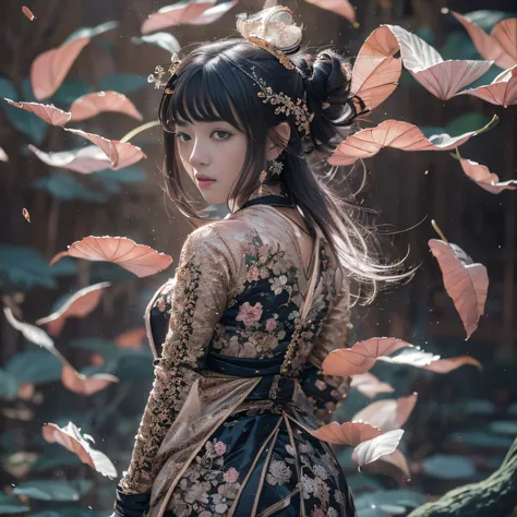 32K（tmasterpiece，k hd，hyper HD，32K）Long flowing black hair，ponds，zydink， a color，  Asian people （Silly girl）， （Silk scarf）， Combat posture， looking at the ground， long whitr hair， Floating hair， Carp pattern headdress， Chinese long-sleeved clothing， （abstr...