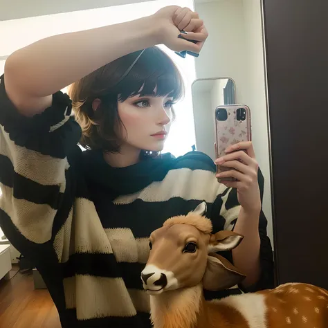 Woman with cell phone and stuffed deer using mobile phone to shoot, very accurate photo, tmasterpiece，Best quality photos, with a mirror, very very low quality picture, With bangs, non blurry, iphone capture, Mirror selfie，Mullet head short hair