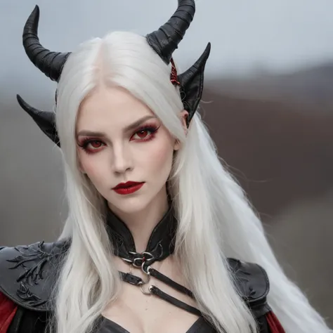 one woman, White skin, long white hair, one red lock of hair on the right side, (two thin and long black horns slightly curved inside, one blue eye and one brown eye,  two small red dragons wings, elf ears, dressed in skintight black leather, knee high bla...