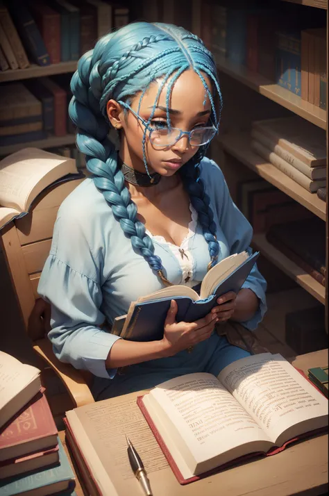 (African American woman:1.3) with (blue braids:1.2) reading (The Bible:1.2).