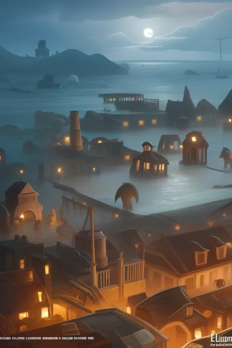 "Eldritch Horror": A coastal town under the moonlight, shrouded in mist and surrounded by turbulent tides, reveals ancient ruins and unnameable creatures emerging from the depths.