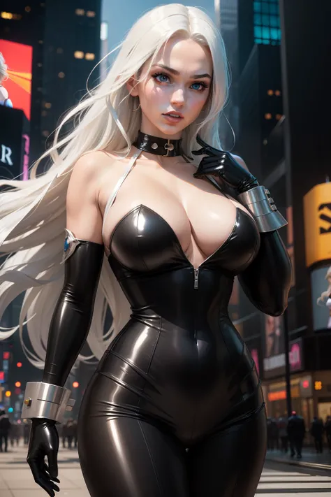 New York, Time Square Avenue, , V-neck waist, white feathered cuffs, Mid-belly V-neck, beautiful known as Felicia Hardy Power Girl, long silver hair, black robin-style mask, Radiates energy in her iconic black bodysuit Shiny PVC, white gloves with white fe...