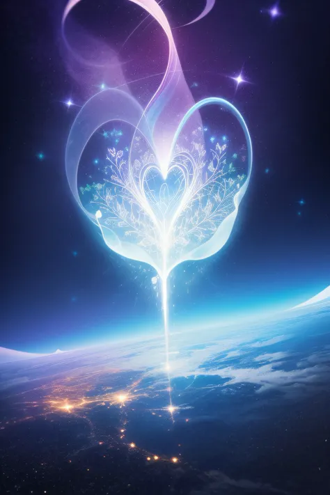 "Por favor, Create an image that represents the fusion of the human heart with the supernatural realm and the vast universe.

Imagine an ethereal and mysterious scenario. No centro da imagem, A human heart shines with a soft, sparkling light. The heart see...