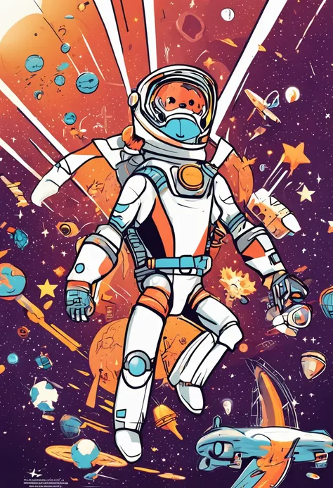 Create an image that captures Cosmic Charlie, o mascote aventureiro de MoonShot Madness Coin, flying through cosmic expanse on a sleek rocket. As you navigate a galaxy teeming with stars, his eyes light up with excitement, e um rastro de poeira estelar seg...