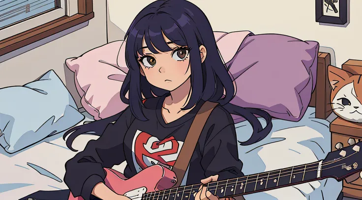 obra prima, menina bonita anime, cabelos vermelhos, roupa de rock, estilo rock, dentro do quarto, deitada na cama, cara triste, guitarra do lado, um gato ao lado