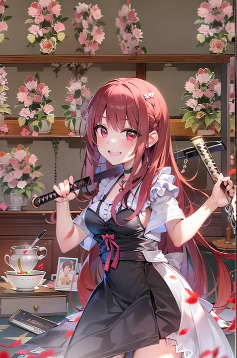 Unpleasant smile of a girl who loves Japan swords in a maid café、Niccoli holding a Japan sword in one hand、Psychopath horror、Red-haired、Teen girls、Japan sword looks good