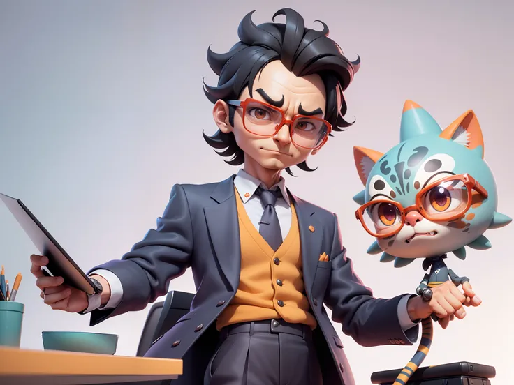 A young man in a suit, Short hair and glasses sat at his desk，holding laptop，digitial painting，tigre，3D character design by Mark Clairen and Pixar and Hayao Miyazaki and Akira Toriyama，4K HD illustration，Very detailed facial features and cartoon-style visu...