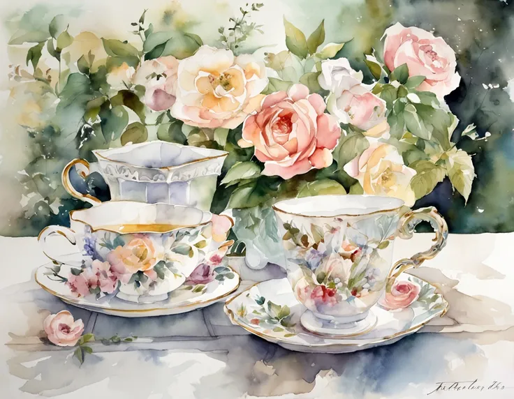 secret garden, lush, floral, white rose, botanical, romanticism, moody, tea, tea time, glass chairs, large conservatory, elegant dreamy watercolor style artwork