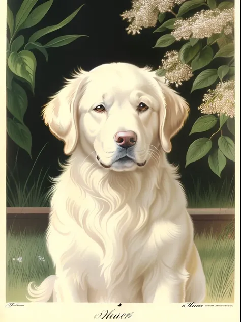 (top-quality:1.2)、(detaileds:1.2)、(​masterpiece:1.2)、High Resolution White Golden Retriever by John Edwards(1770 1775)Vintage dog illustration、Illustration of vintage plants、antique