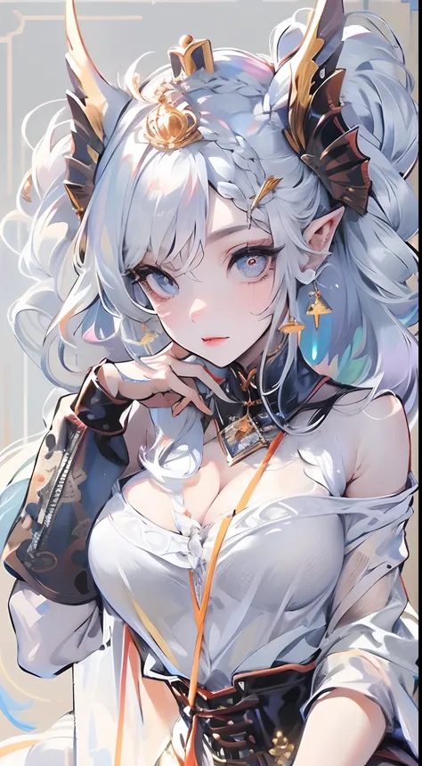 best qualtiy，highly  detailed，tmasterpiece，ultra - detailed，（Realistis：1.2），1girll，（white backgrounid），simplebackground，Elaborate Eyes，Silver hair，a purple eye，hair_ornament，（White off-the-shoulder skinny crop top shirt：1.3），long whitr hair，pointy_ears，cro...