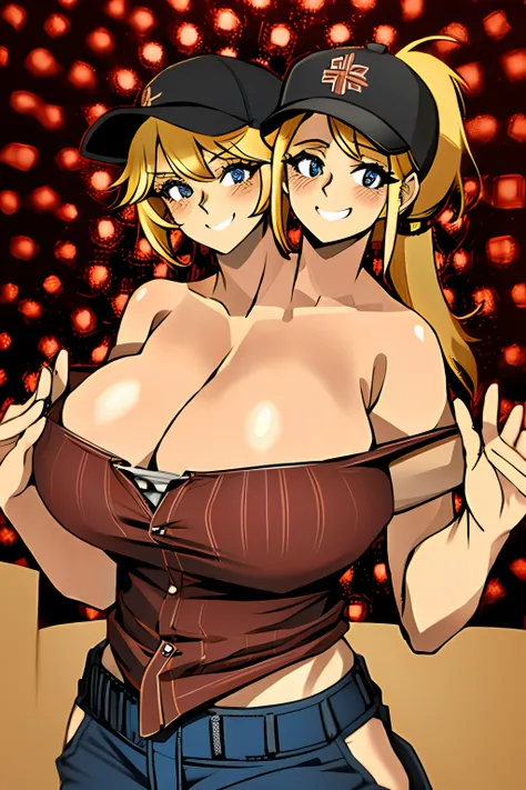 2heads, a short fat woman with 2 heads. She has enormous breasts. She is wearing a red plaid flannel shirt and jeans. She is wearing a truckers hat. She is in a big truck. She has blonde hair in a ponytail. She has gigantic breasts. She is blushing. She is...