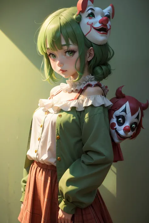 Anime girl with clown mask with a green background wall