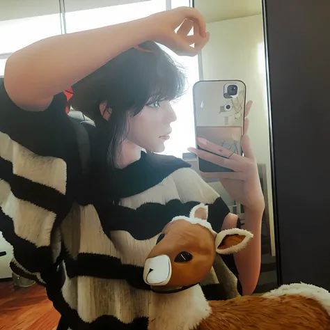 Woman with cell phone and stuffed deer Shooting with cell phone camera,Highest quality photos,Masterpiece with mirror, low quality photo, With bangs, non blurry, iphone capture, Mirror selfie mullet hair style