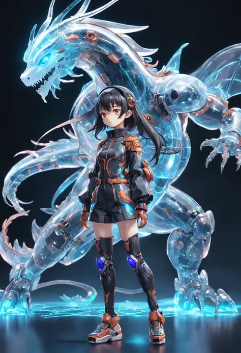 chinesedragon, (Blind box toy style:1.2), (Full body shot) , 1 Transparent girl,Behind him is a transparent Chinese dragon, Transparent mech, Exquisite helmet:1.2, Luminous goggles:1.2, Cyberpunk, dreamy glow, luminous neon lights, Clean, White background,...