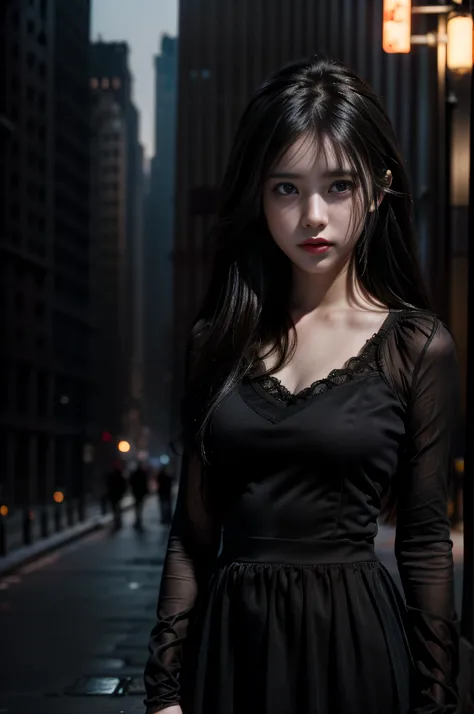 1girll, (view the viewer:1.2), Detal Face,  (a girl standing, Tear in CG society, black shadows, Streaming, new york backdrop), romanticism lain, Atmospheric, (RAW photo, Best quality), (Realistic, photo-realistic:1.3), Masterpiece, An extremely delicate a...