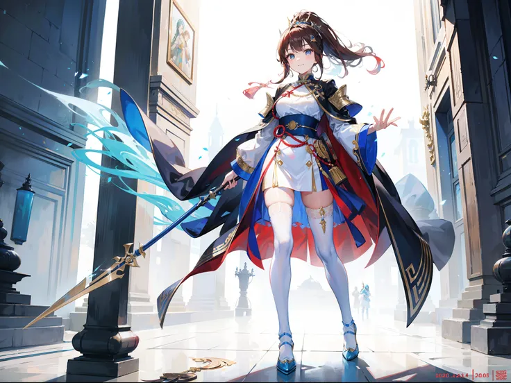 Brunette beauty，High ponytail，Soaring braids，Wears a red hairpin，，Brown pupils，Wearing black underwear，Wear a long blue-blue cloak，Chinese style blue armor，white sash，white stockings，Gold crystal shoes，Holding a white and cyan spear，Military general，Extrem...