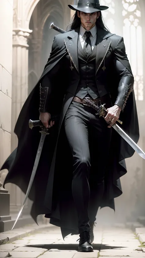 In a hauntingly lit Gothic Cathedral, dynamic combat pose, Gothic style, atmospheric, vampire hunter, in a Gothic Cathedral, ((slim athletic build)), ((hat)) ,((carrying a (full length) long sword, katana)) , handsome face, (dark, moody lighting), ((dynami...