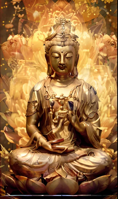 buddha statue with golden background and flowers in foreground, a buddhist buddha, buddhism, buddha, buddhist, samsara, buddhist...