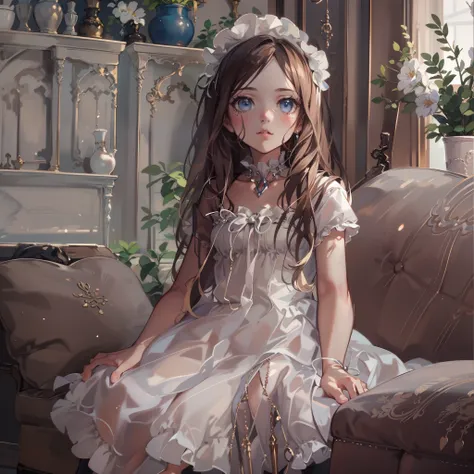 very cute female child:1.1,10 yo,Gothic Lolita:1.8,dutch angle shot,ground-level shot,low angle,full body shot,medium shot,Barefoot,livingroom:1.5,Summer,day, Long hair,flat chest,Wind,Drooping sweat:1.1,(4K), (Raw photo: 1.2), (Realism: 1.4), (masutepiece...