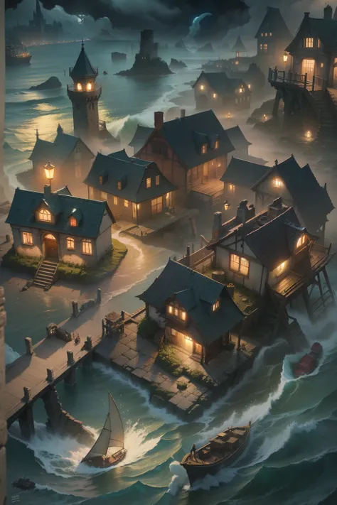 "Eldritch Horror": A coastal town under the moonlight, shrouded in mist and surrounded by turbulent tides, reveals ancient ruins and unnameable creatures emerging from the depths.