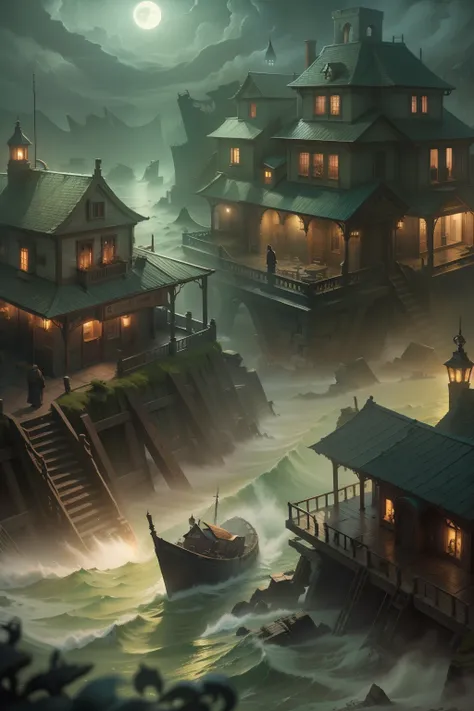 "Eldritch Horror": A coastal town under the moonlight, shrouded in mist and surrounded by turbulent tides, reveals ancient ruins and unnameable creatures emerging from the depths.