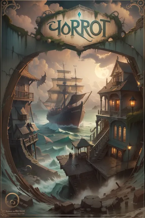 "Eldritch Horror": A coastal town under the moonlight, shrouded in mist and surrounded by turbulent tides, reveals ancient ruins and unnameable creatures emerging from the depths.