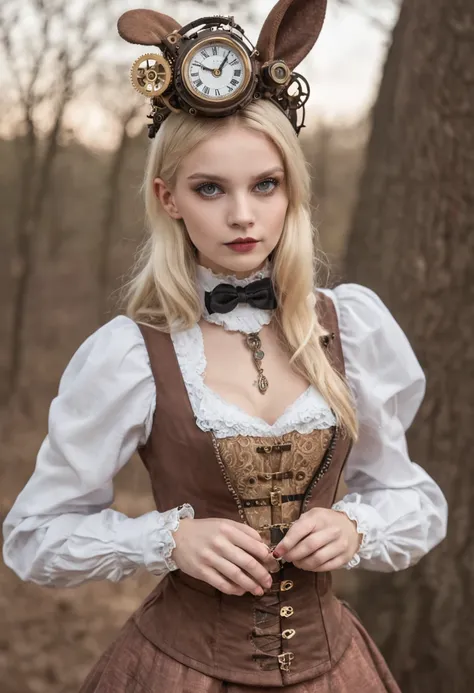 complex bio-mechanical beautiful young alice in wonderland, white rabbit ears, steampunk Bitcoin Clockwork,