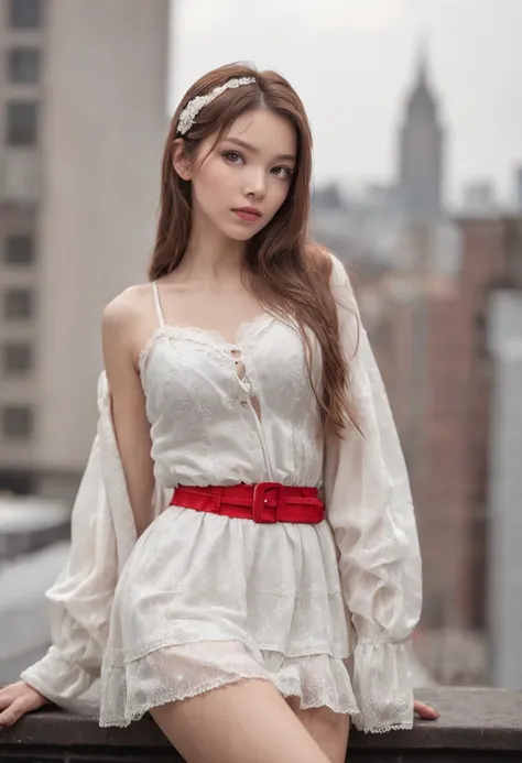 A girl，Wearing a white Spider-Man skirt，Stand on the rooftop of the city，exquisite facial features，A seductive pose，