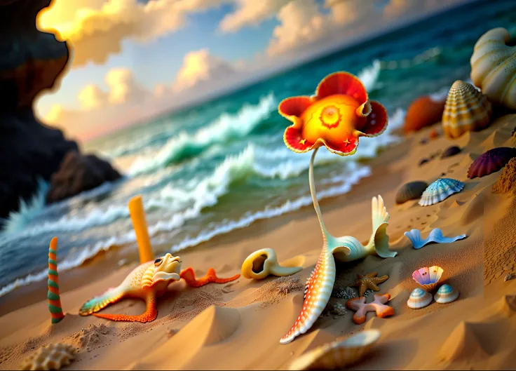 Best quality, Masterpiece, conch, sea shell,starfish,The corals,steins,Sand ground,simplebackground,Soft lighting