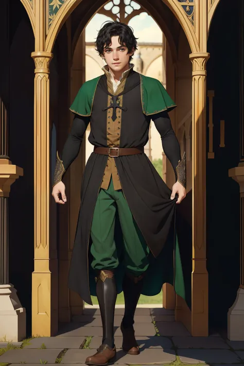 (1boy, short black hair, green eyes), ((commoner clothes)), (fantasy, medieval), ((detailed face, full body))