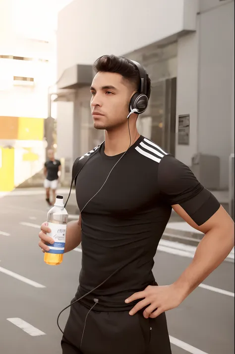 A man in a black shirt and headphones is on the street with a bottle of water, usando equipamento de fitness, Shutterstock, ele tem fones de ouvido, potrait de corpo inteiro segurando garrafa, Jovem com short, roupas esportivas, com fones de ouvido, Usando...