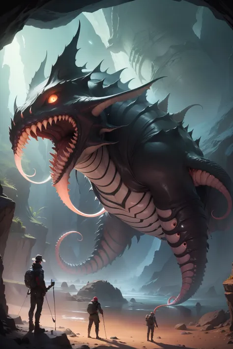 "Unfathomable Abyss": A team of researchers exploring underground caves discovers a colossal creature, with gleaming eyes and tentacles extending to capture its prey.