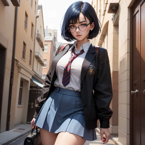 Dark blue hair,short hair,red eyes,circle glasses, teenage girl,school uniform, skirts,thigh