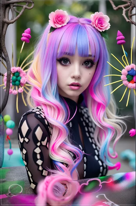 En un hermoso parque una mujer de aspecto moderno. It has a very colorful and striking kawaii gothic style.., con un maquillaje elegante y una peluca colorida.