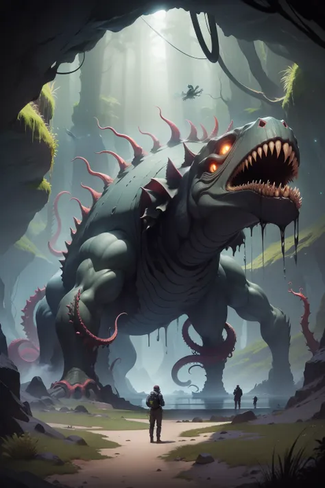 "Unfathomable Abyss": A team of researchers exploring underground caves discovers a colossal creature, with gleaming eyes and tentacles extending to capture its prey.