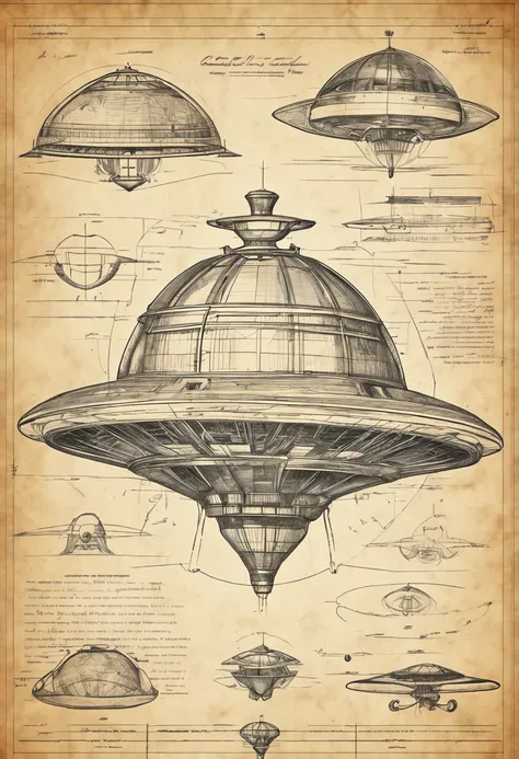 Alien spaceship, flying saucer, in the style of DaVinci invention sketches, old paper, blueprint, abduction, viewer from below